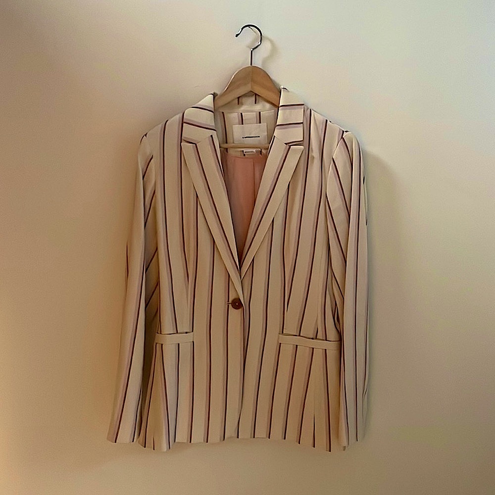 Anthropologie Linen Blazer in Cream with Muted Pink stripes details